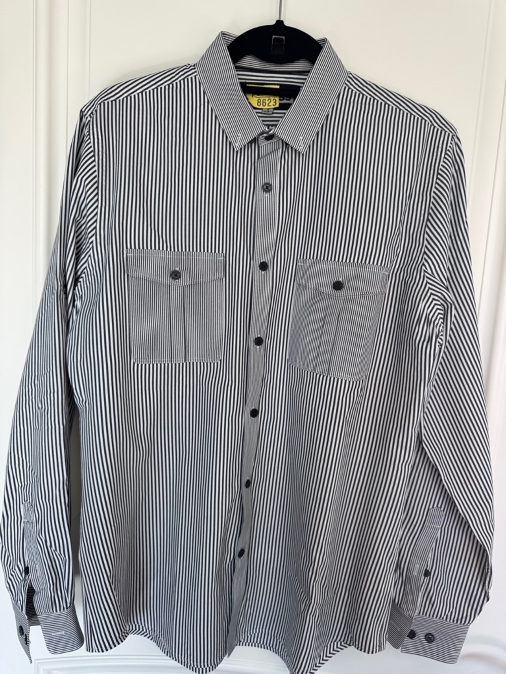 Express Men's Black and White Striped Dress Shirt